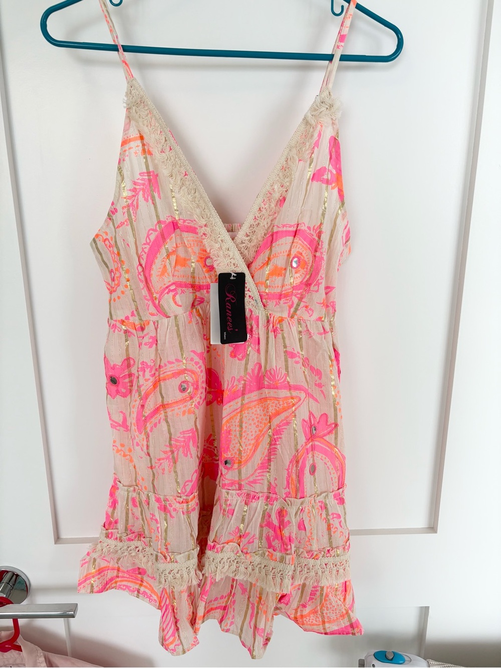 NWT Ranee’s Pink Orange Lurex Paisley Boho Resort Sundress Mini Dress size: S/M